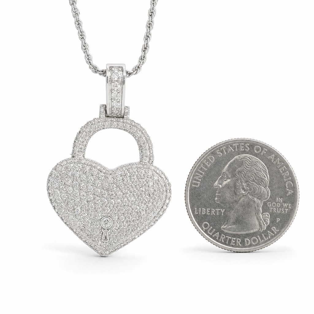 Large Diamond Heart Lock Pendant in 10K White Gold