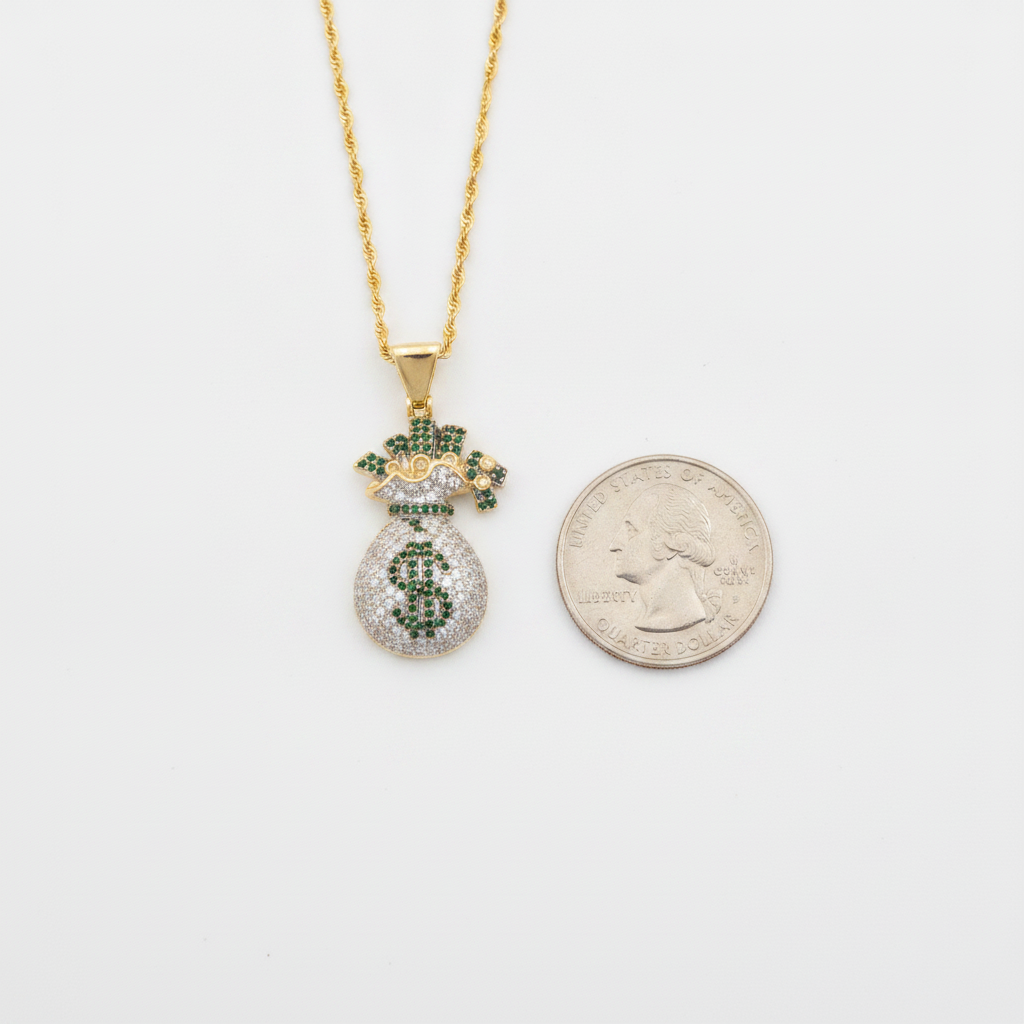 Diamond Green Money Bag Pendant in 10K Yellow Gold