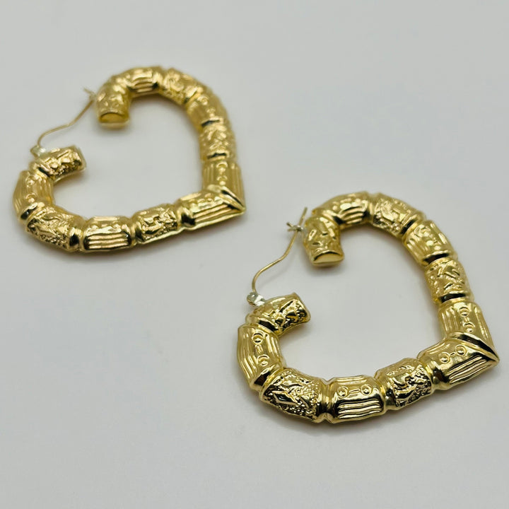 10K Yellow Gold 2" Bamboo Heart Hoop Earrings (2 inch)