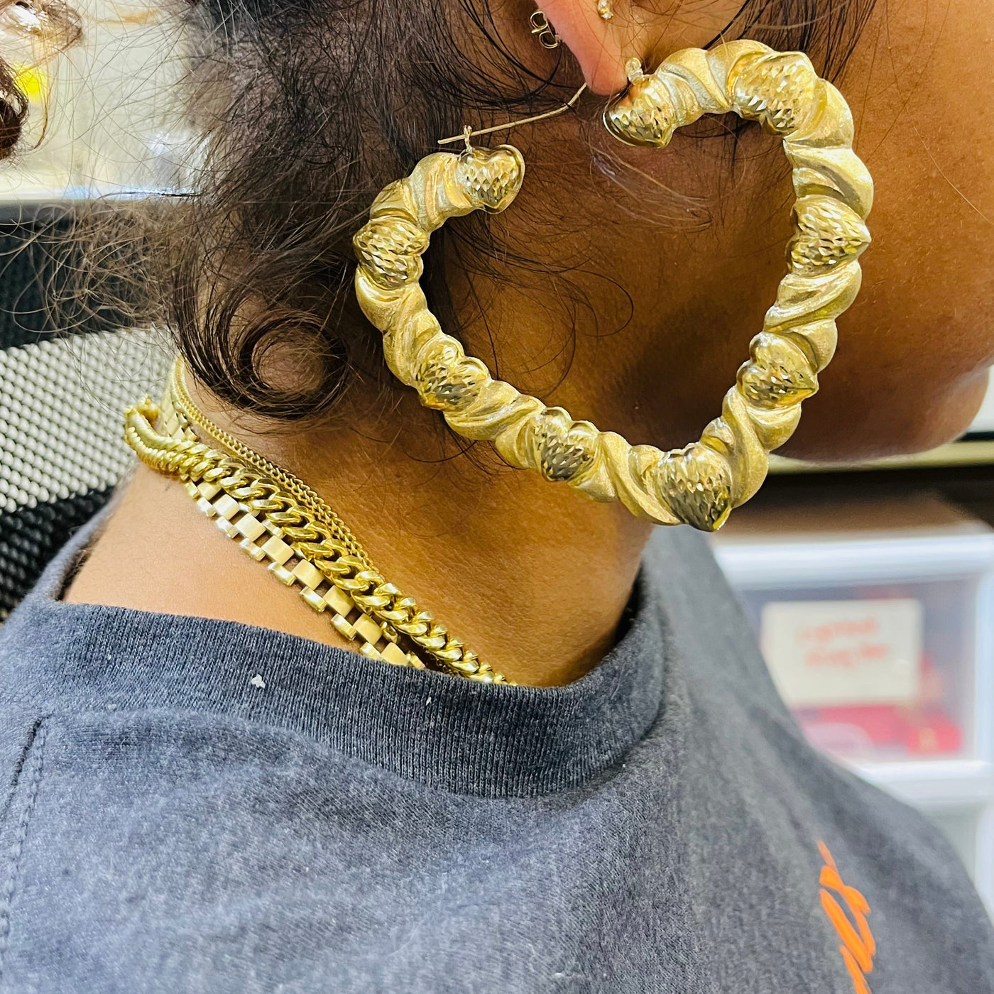 10K Yellow Gold Hearts Pattern Hoop Earrings (3")
