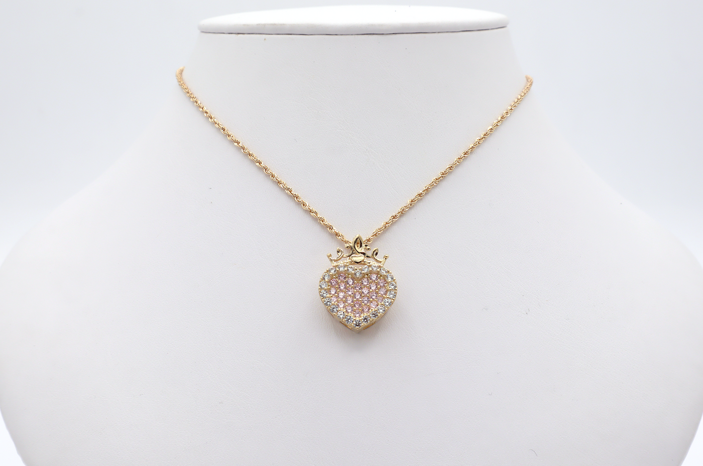 10K Solid Gold Pink CZ Heart with Crown Charm