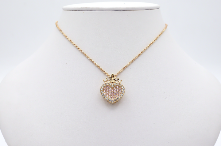 10K Solid Gold Pink CZ Heart with Crown Charm