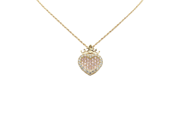 10K Solid Gold Pink CZ Heart with Crown Charm