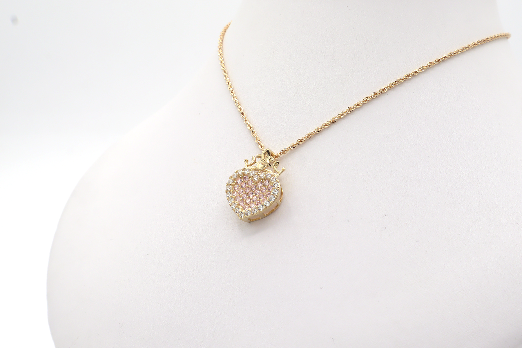 10K Gold CZ Pink Heart with Crown Charm