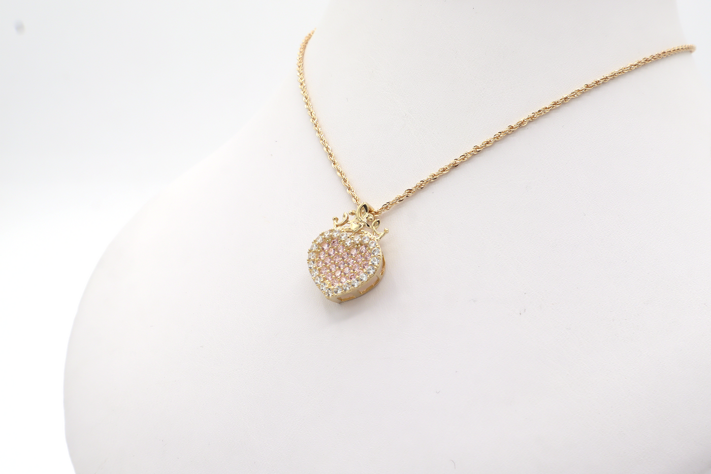 10K Solid Gold Pink CZ Heart with Crown Charm