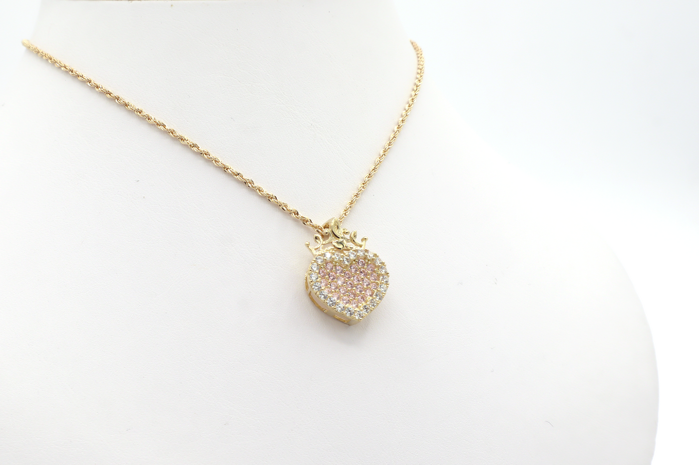 10K Solid Gold Pink CZ Heart with Crown Charm