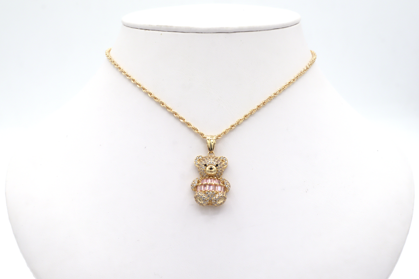 10K Solid Gold Cute Bear CZ Charm (Pink & White)