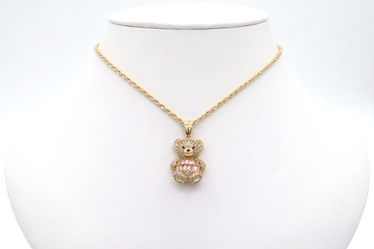 10K Gold CZ White and Pink Cubics Cute Bear STF DIAMONDS