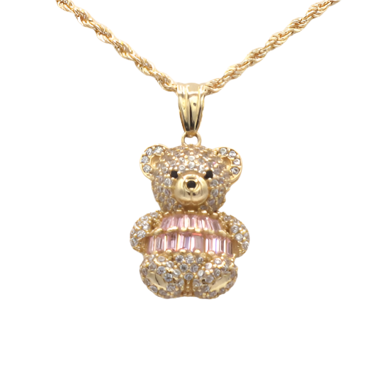 10K Solid Gold Cute Bear CZ Charm (Pink & White)