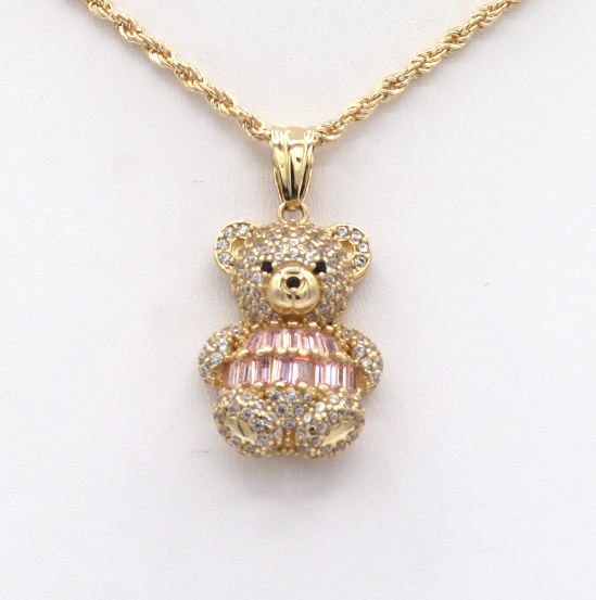 10K Gold CZ White and Pink Cubics Cute Bear STF DIAMONDS