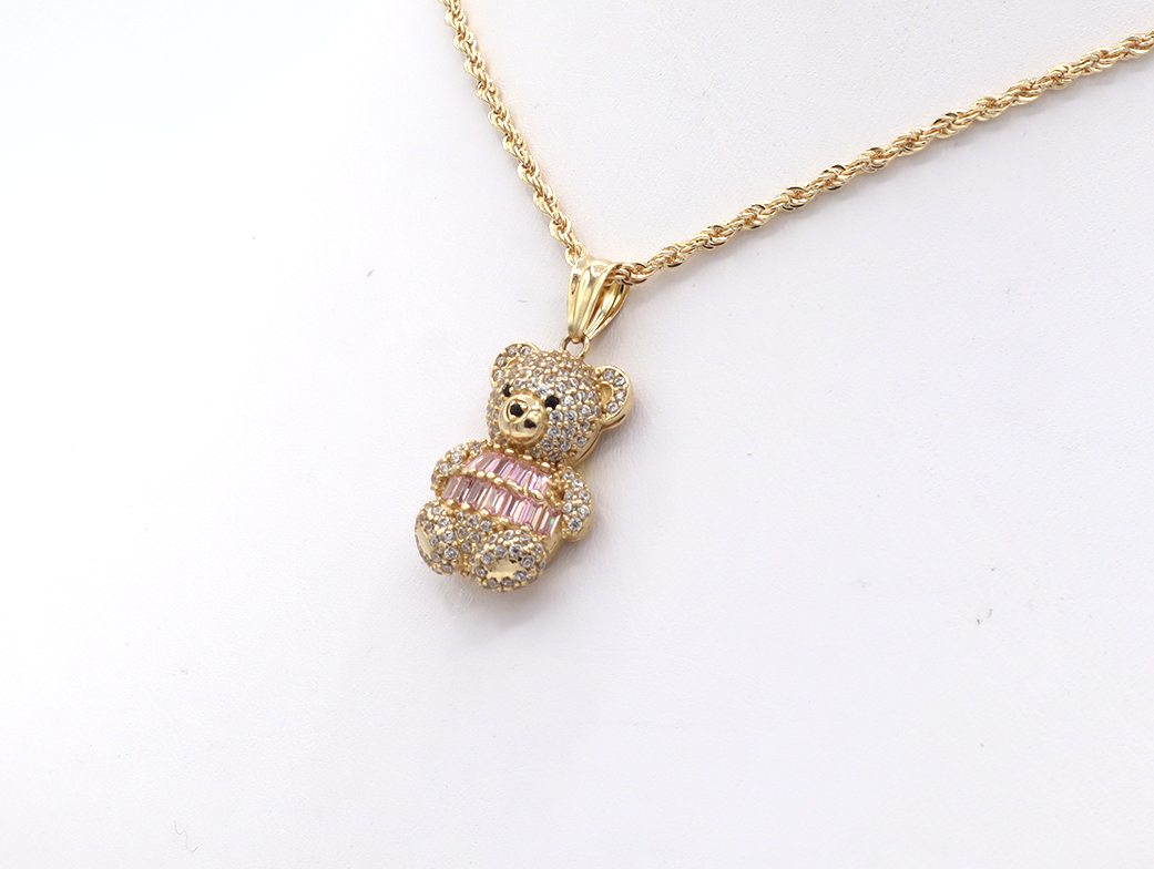 10K Gold CZ White and Pink Cubics Cute Bear STF DIAMONDS