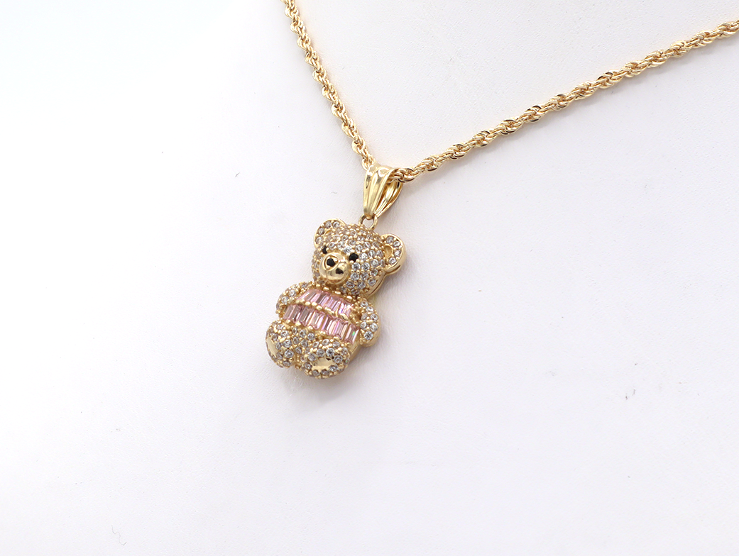 10K Solid Gold Cute Bear CZ Charm (Pink & White)