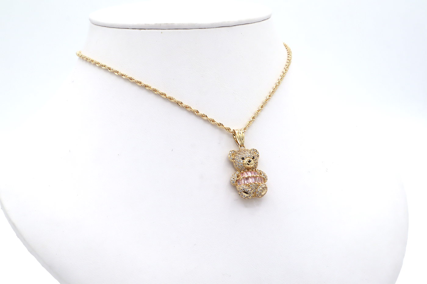 10K Solid Gold Cute Bear CZ Charm (Pink & White)