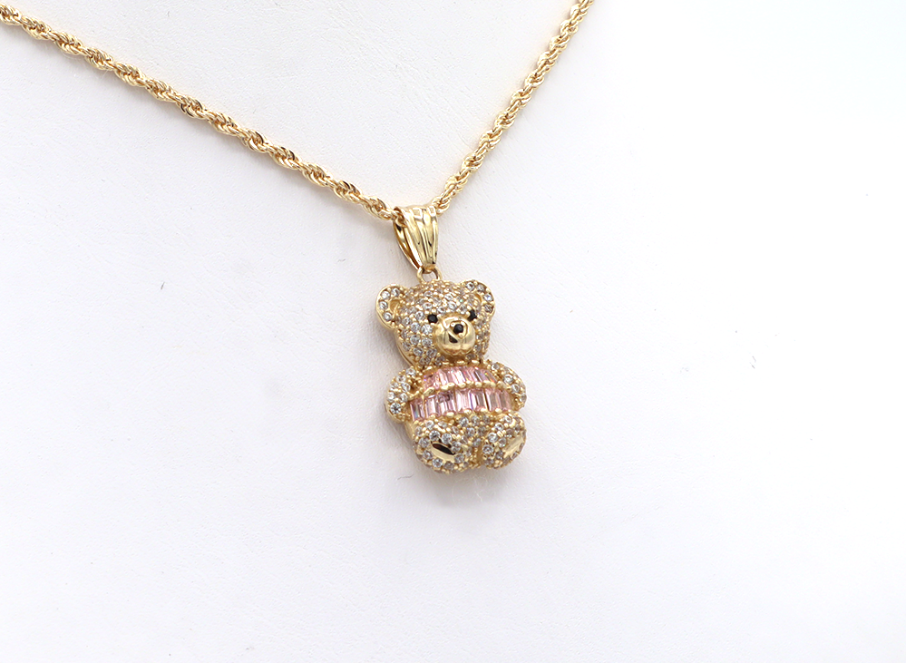 10K Solid Gold Cute Bear CZ Charm (Pink & White)