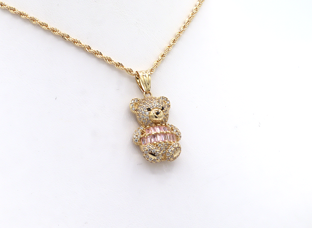 10K Gold CZ White and Pink Cubics Cute Bear STF DIAMONDS