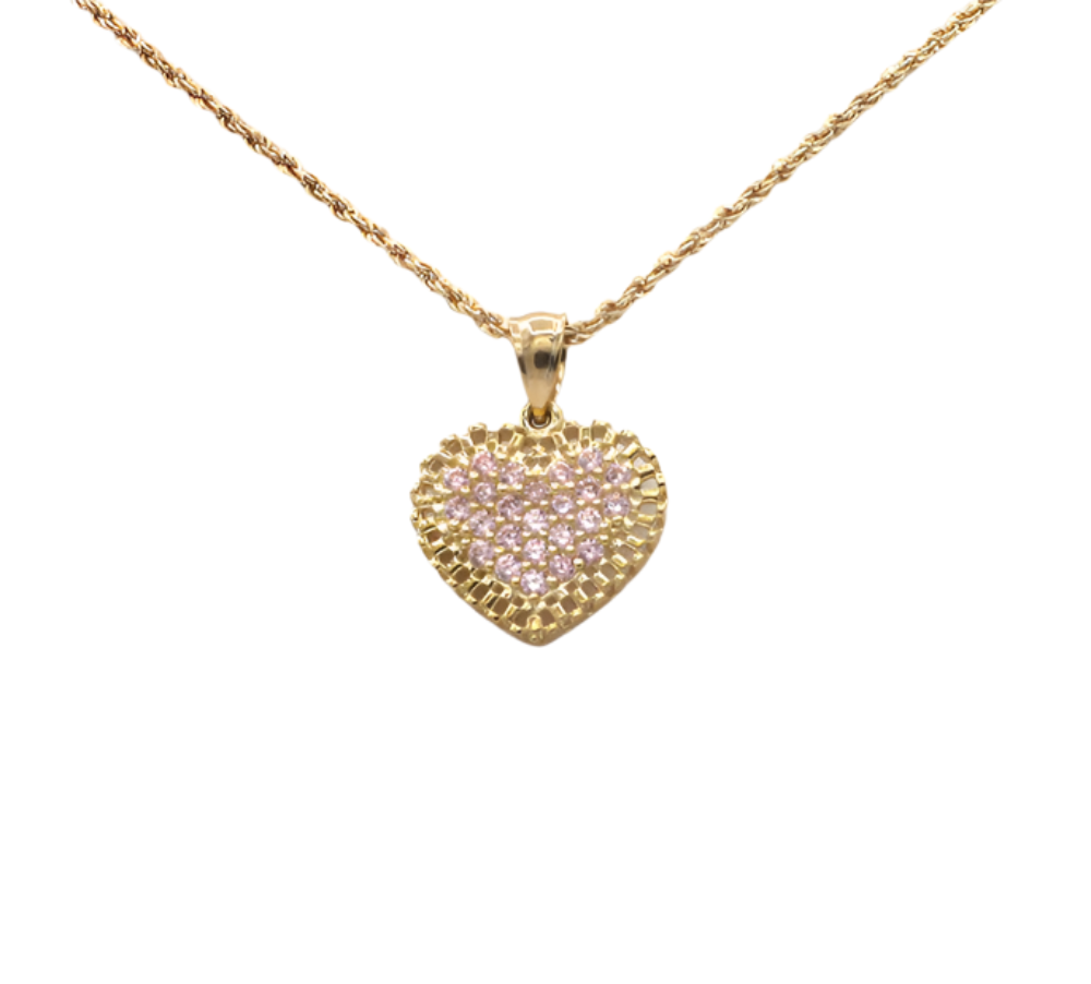 10K Solid Yellow Gold Pink Rolly Heart CZ Charm