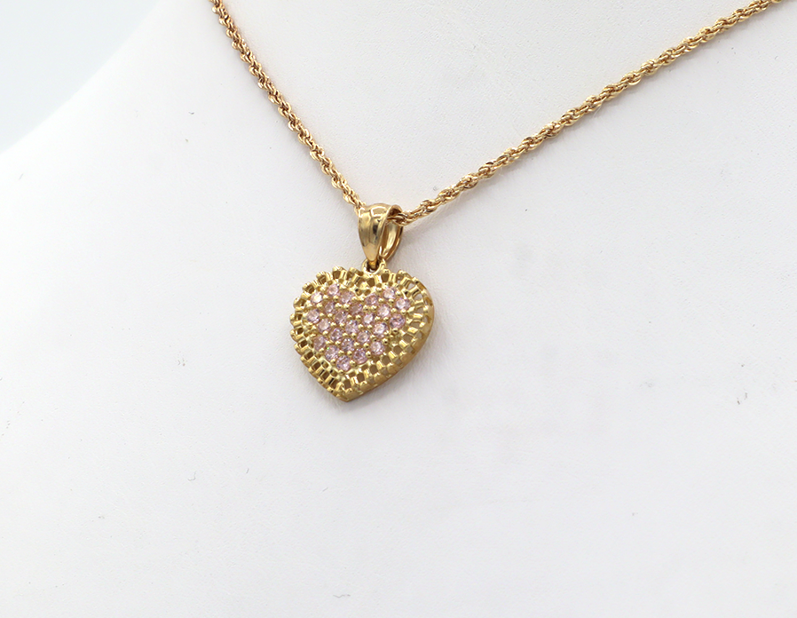 10K Solid Yellow Gold Pink Rolly Heart CZ Charm