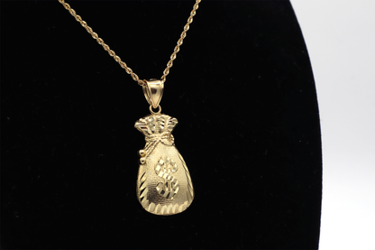 10K Gold Fat Wide Long Money Bag Charm STF Diamonds