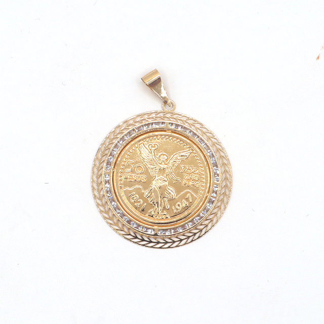 14K Gold Angel Bola Coin Pendant with Beautiful pattern and Diamonds 1821,1947,50years - STF DIAMONDS