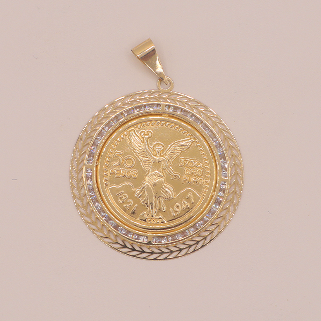 14K Gold Angel Bola Coin Pendant with Beautiful pattern and Diamonds 1821,1947,50years - STF DIAMONDS