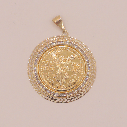 14K Gold Angel Bola Coin Pendant with Beautiful pattern and Diamonds 1821,1947,50years - STF DIAMONDS