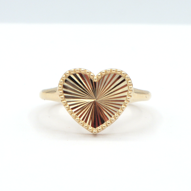10K Solid Yellow Gold Diamond-Cut Heart Beaded Pattern Ring
