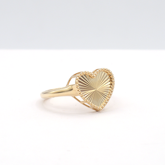 10K Solid Yellow Gold Diamond-Cut Heart Beaded Pattern Ring