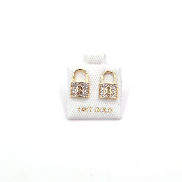 14K Solid Yellow Gold Lock CZ Stud Earrings