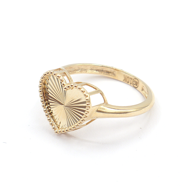 10K Solid Yellow Gold Diamond-Cut Heart Beaded Pattern Ring