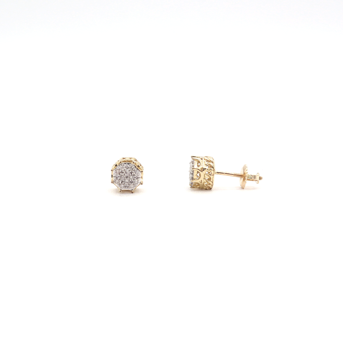 10K Solid Yellow Gold Octagon Pave Diamond Stud Earrings