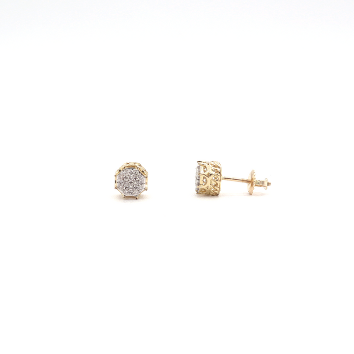 10K Solid Yellow Gold Octagon Pave Diamond Stud Earrings