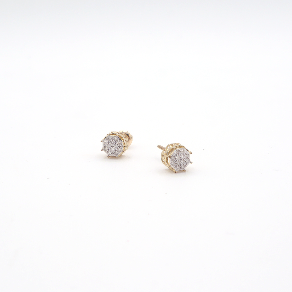 10K Solid Yellow Gold Octagon Pave Diamond Stud Earrings