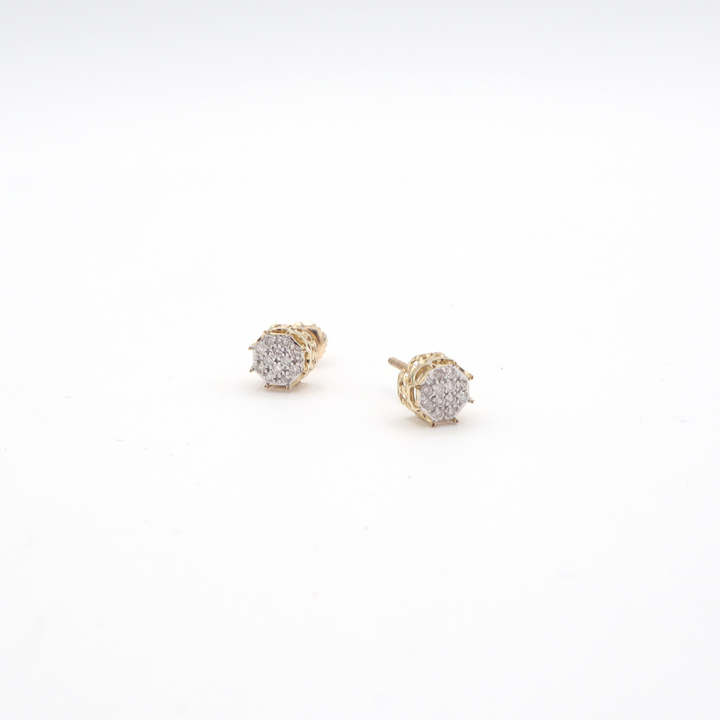 10K Solid Yellow Gold Octagon Pave Diamond Stud Earrings