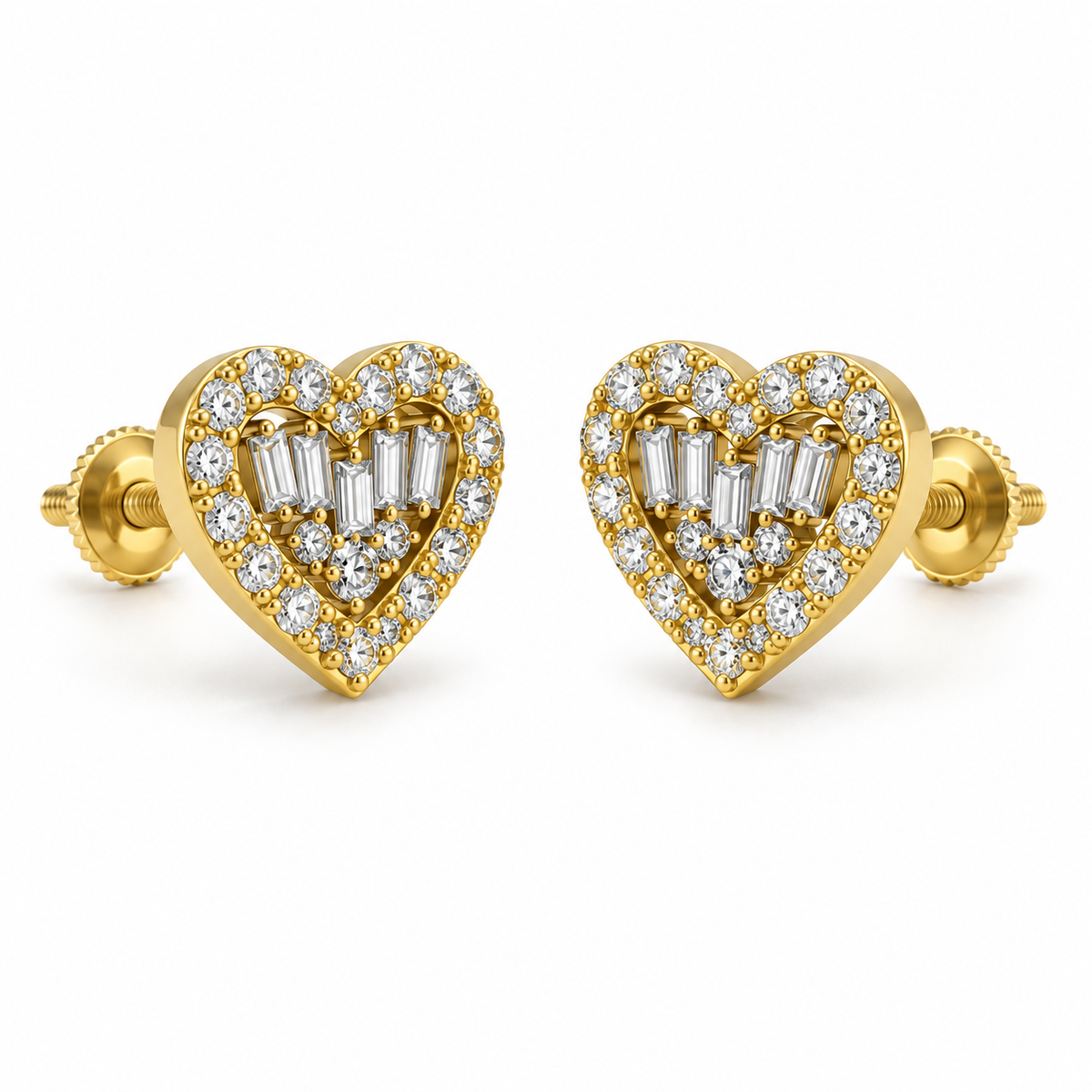 10K Gold Baguette Diamond Earrings ~ Single Row Border (Screwback) - 45 degree view