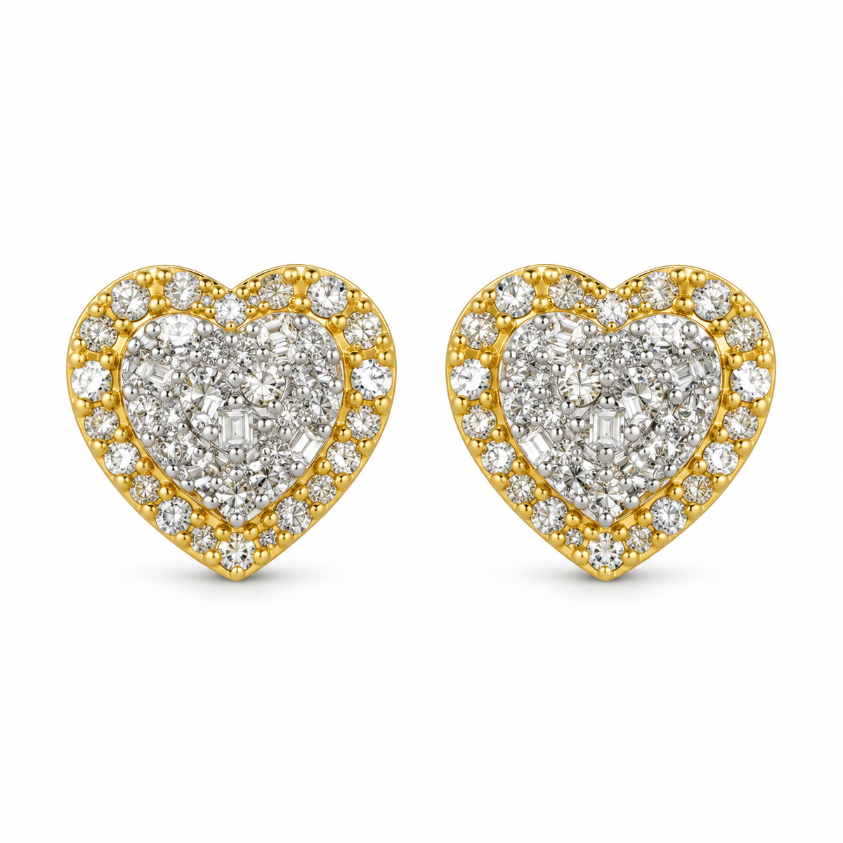 10K Gold Baguette Diamond Heart Earrings (Screwback) - front view