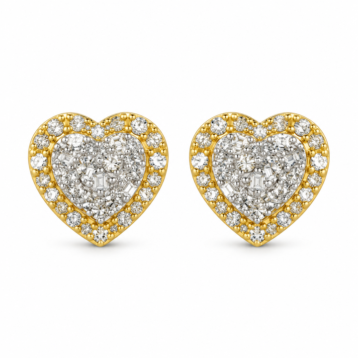 10K Gold Baguette Diamond Heart Earrings (Screwback) - front view