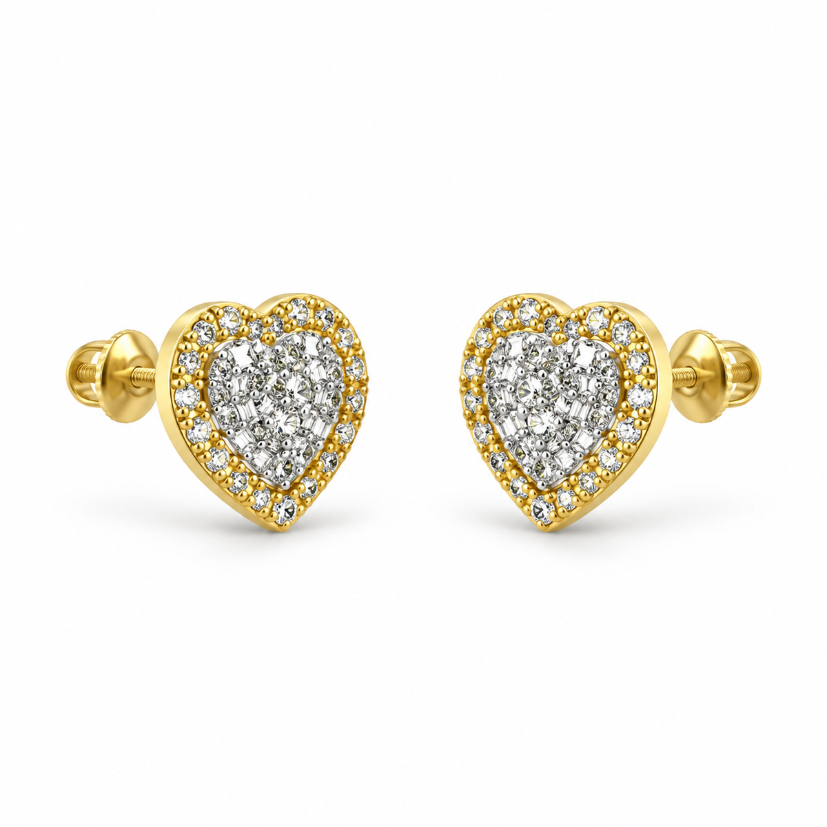 10K Gold Baguette Diamond Heart Earrings (Screwback) - 45 degree view