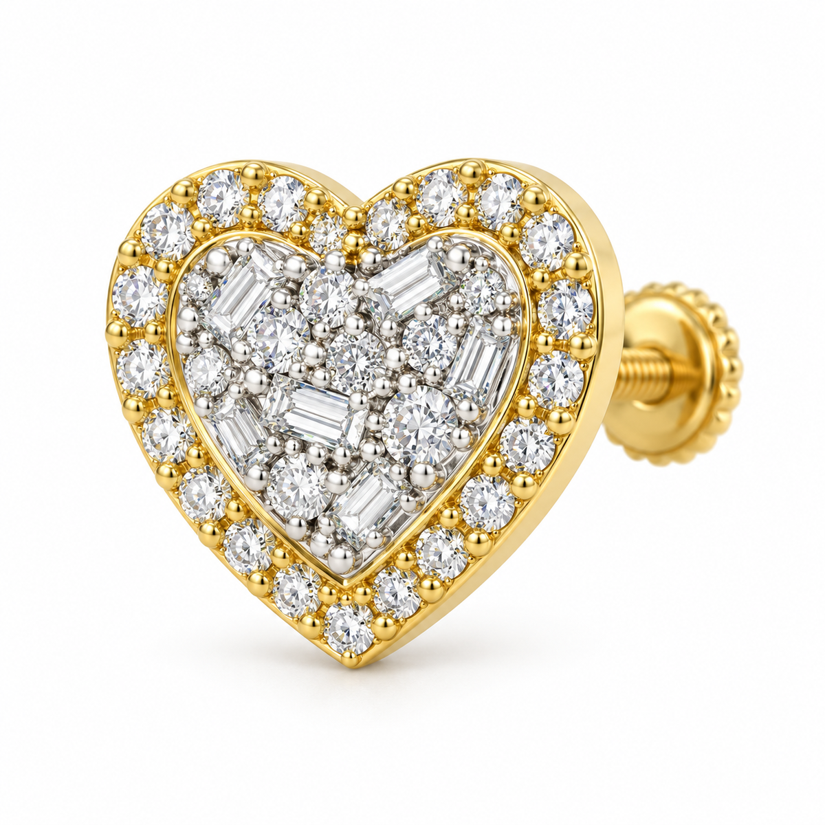 10K Gold Baguette Diamond Heart Earrings (Screwback) - macro detail