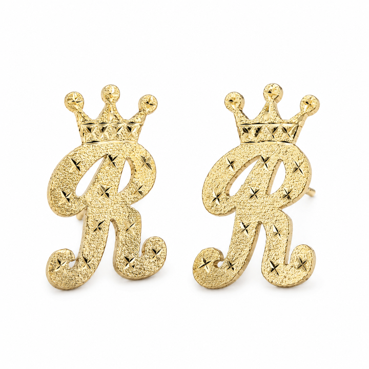 10K Gold Custom Initial Crown Earrings - front view