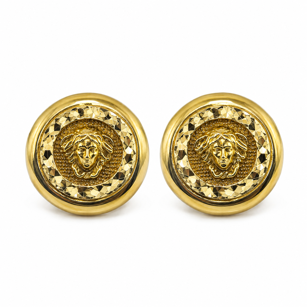 10K Gold Diamond Cut Medusa Earrings - front view