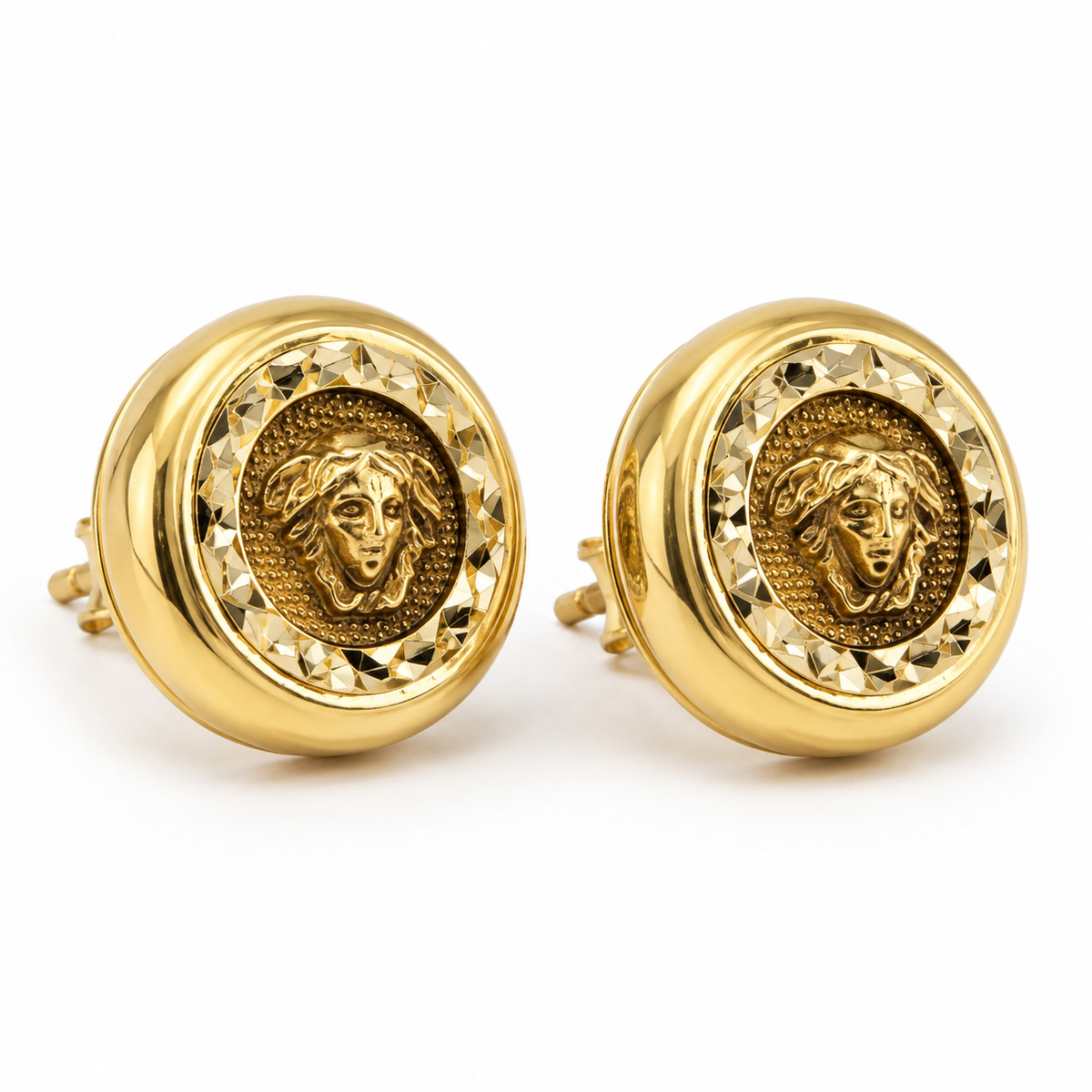 10K Gold Diamond Cut Medusa Earrings - 45 degree view