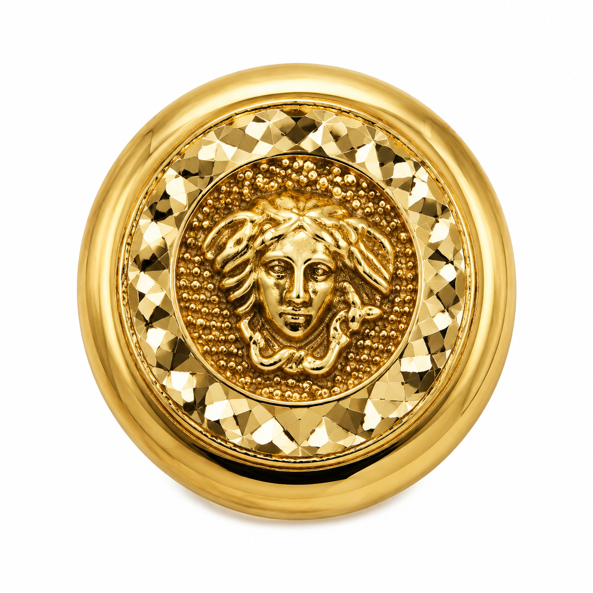 10K Gold Diamond Cut Medusa Earrings - macro detail