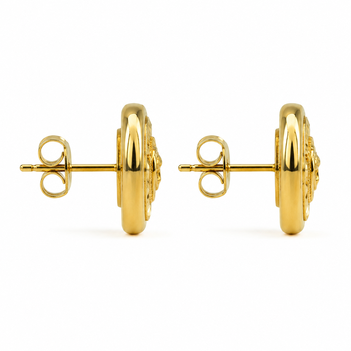 10K Gold Diamond Cut Medusa Earrings - side view