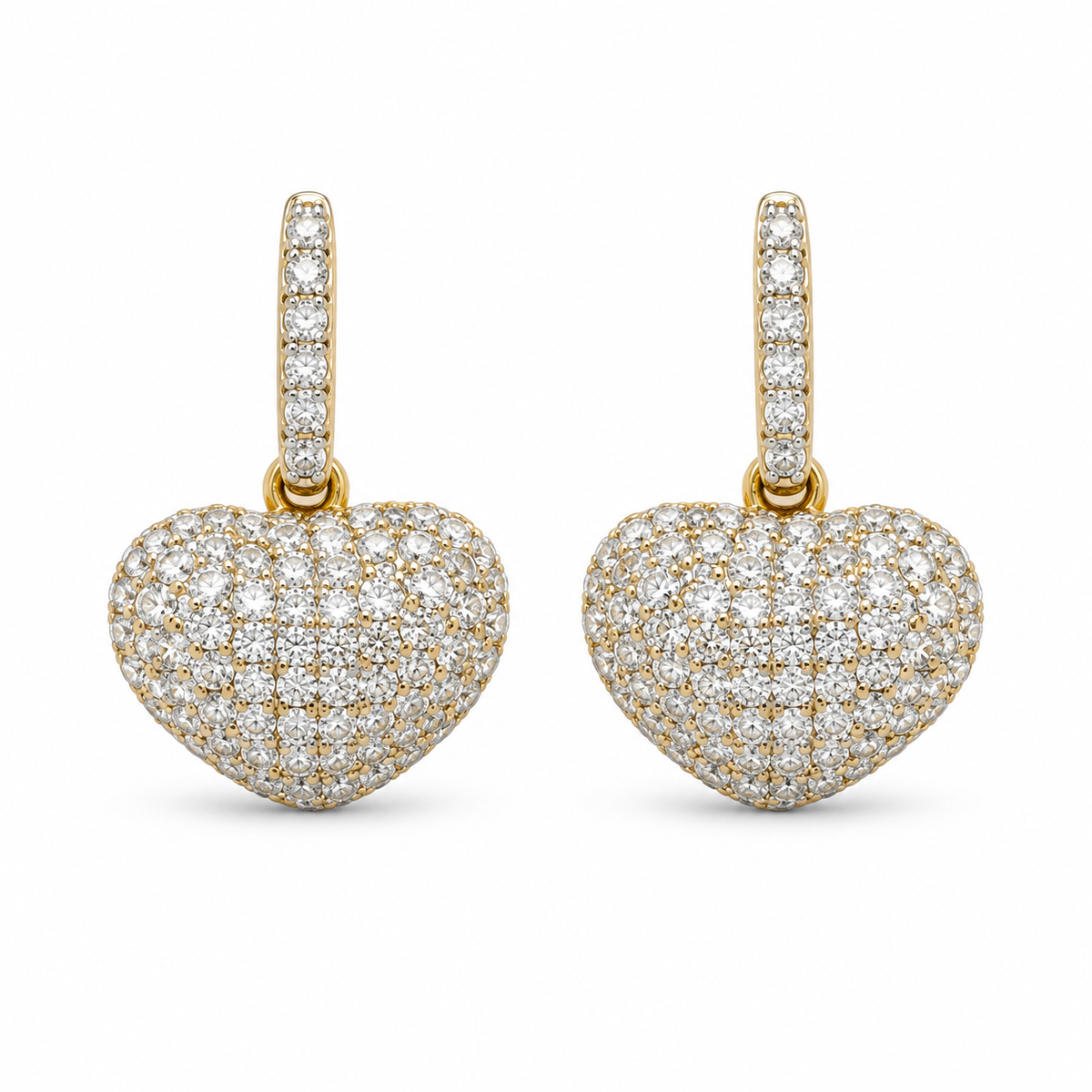 10K Gold Diamond Dangling Heart Stud Earrings - front view