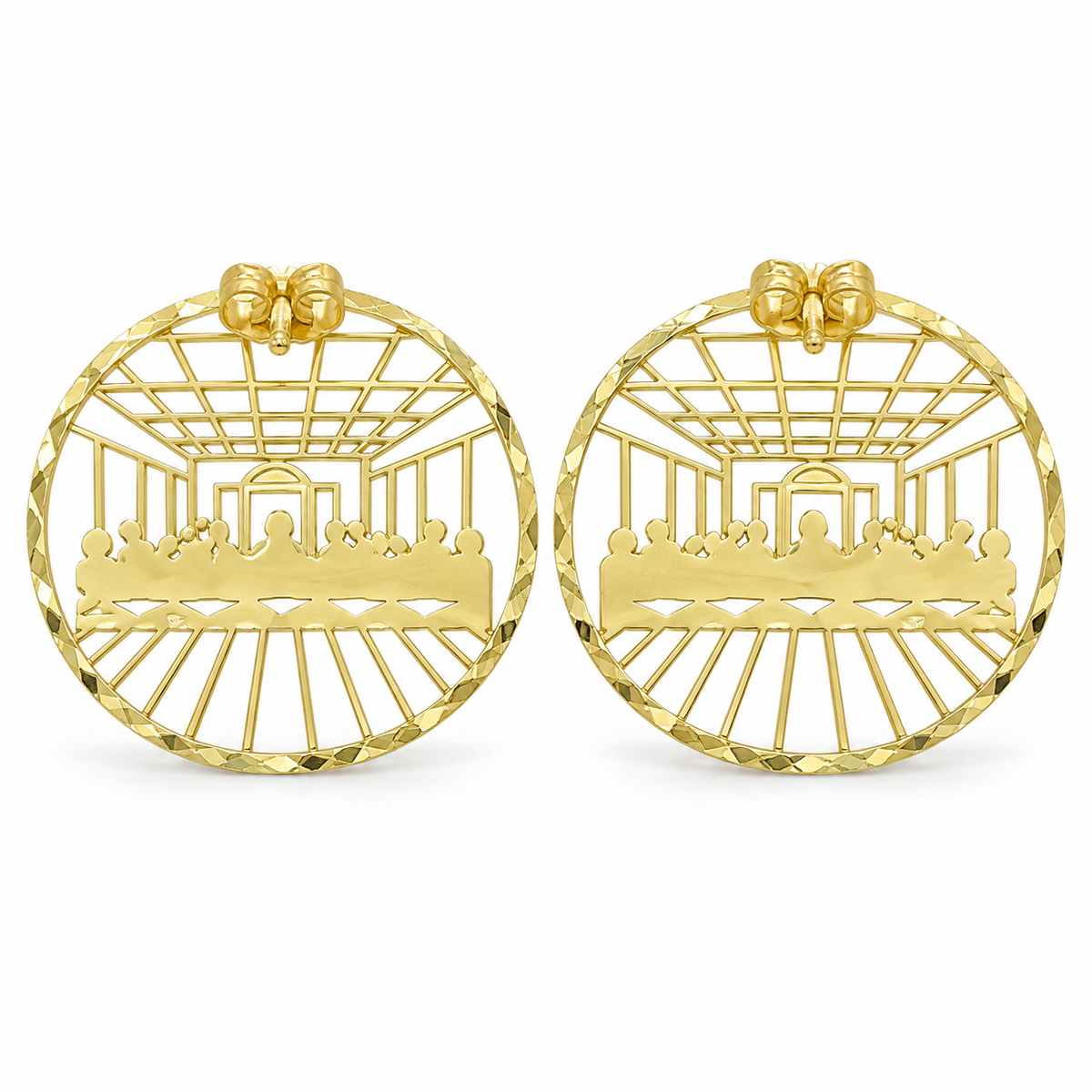 10K Gold Light Weight Last Supper Earrings - macro detail