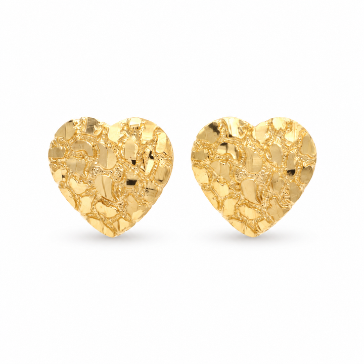 10K Solid Gold Diamond-Cut Heart Nugget Earrings - front view
