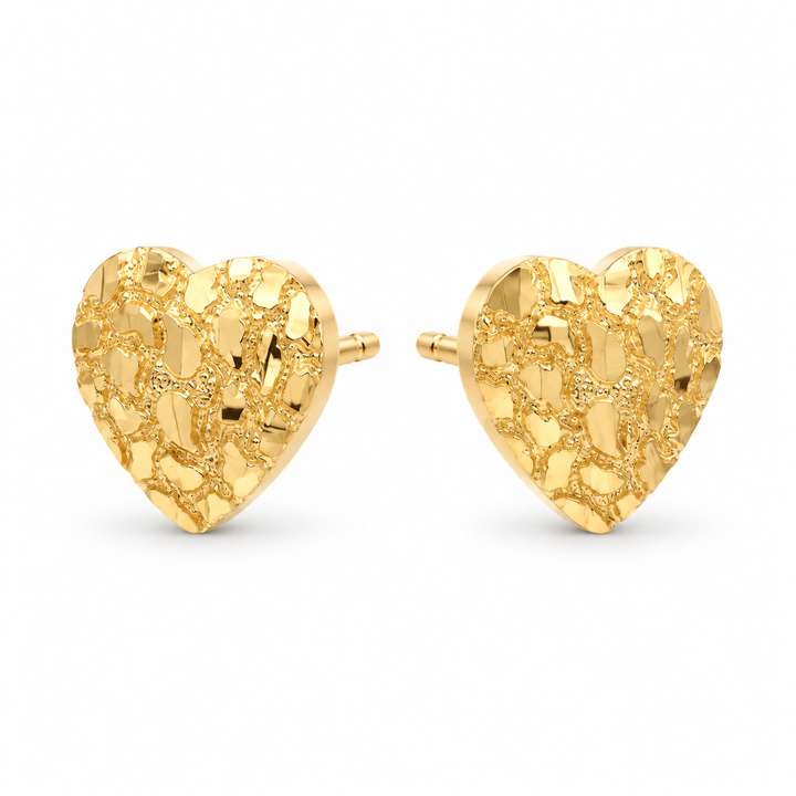 10K Solid Gold Diamond-Cut Heart Nugget Earrings - front view