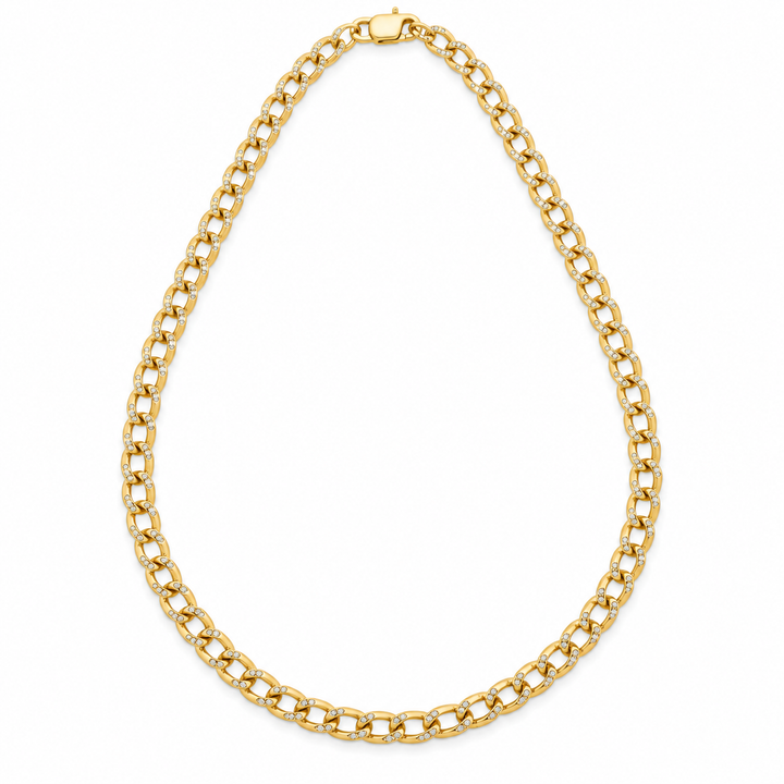10K Solid Yellow Gold 3.4mm Hollow Pave Cuban Chain 16-24" - front view