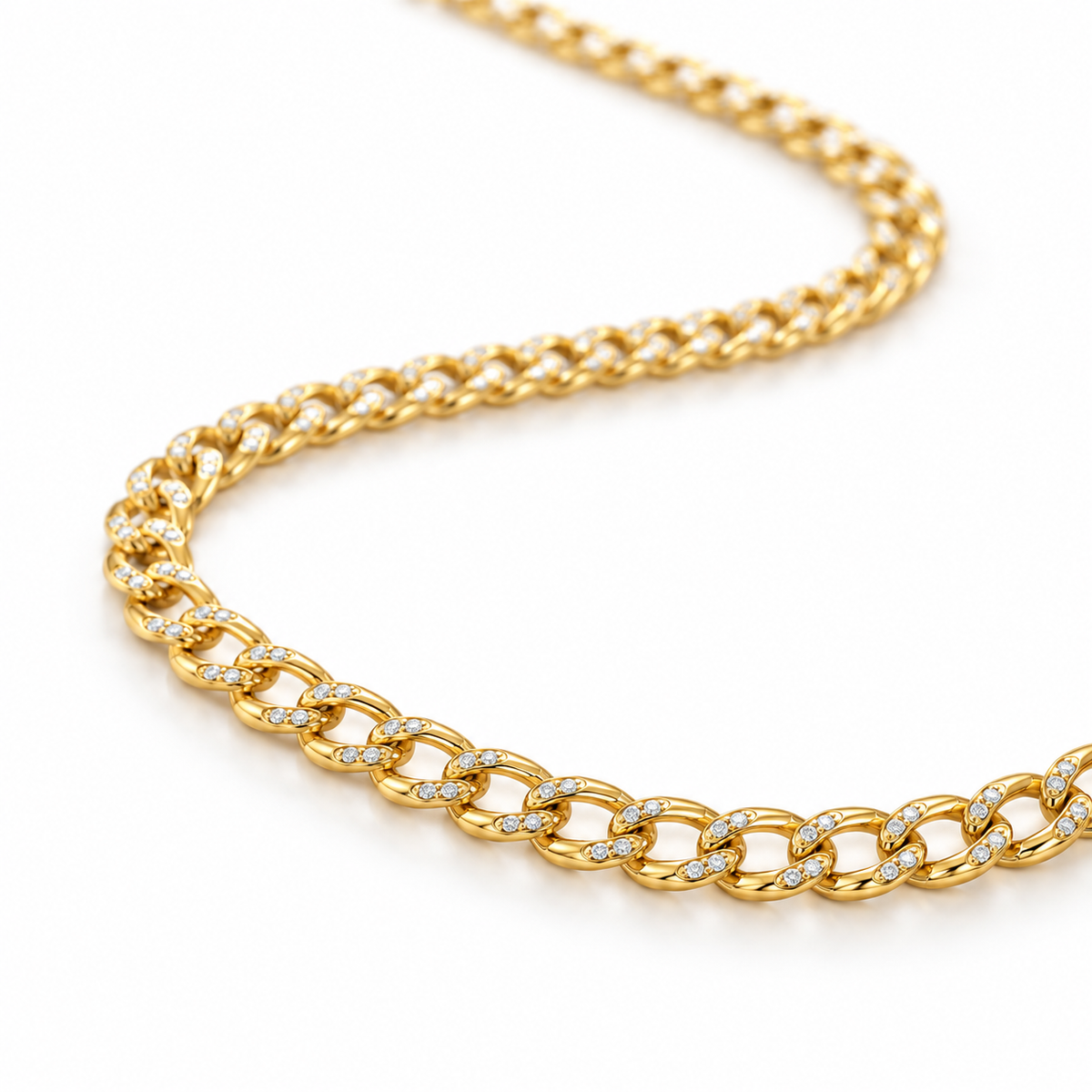 10K Solid Yellow Gold 3.4mm Hollow Pave Cuban Chain 16-24" - 45 degree view