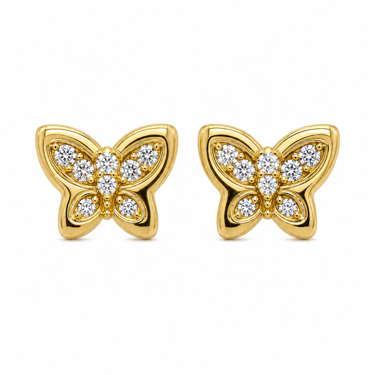 10K Solid Yellow Gold 3D Mini Butterfly CZ Earrings (Screwback) - front view